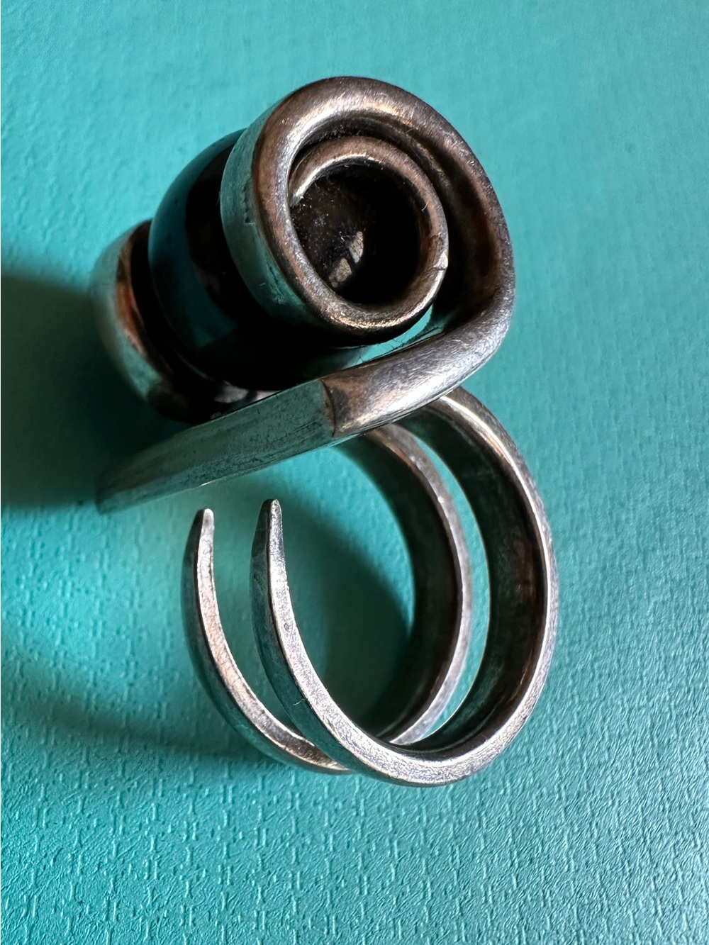 Vintage Modernist Sterling Silver Chunky Polished Agate Sculptural Ring